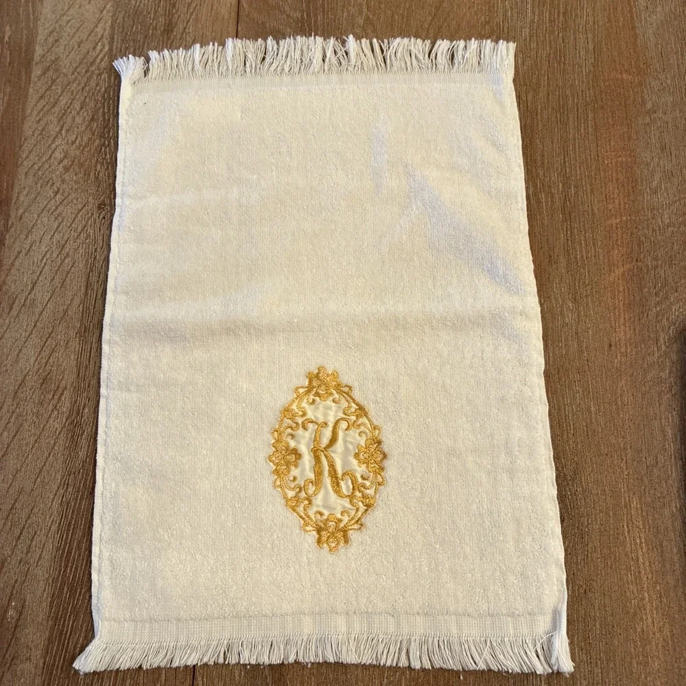 VTG Cannon Monogrammed Initial K Finger Tip Towel Lot Of 3 White With Gold